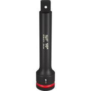 Black Milwaukee 1" drive impact extension with 10" length and red grip band at base.