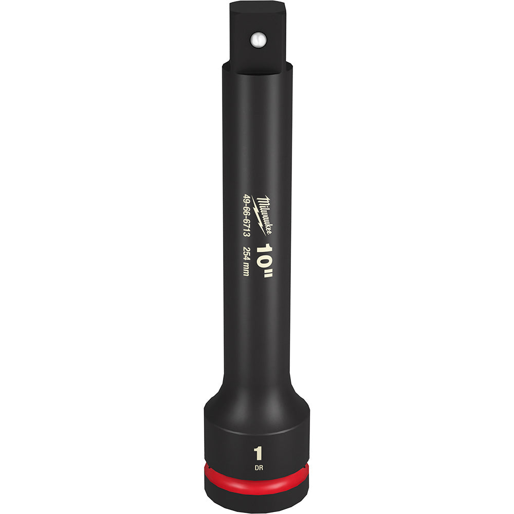 Black Milwaukee 1" drive impact extension with 10" length and red grip band at base.