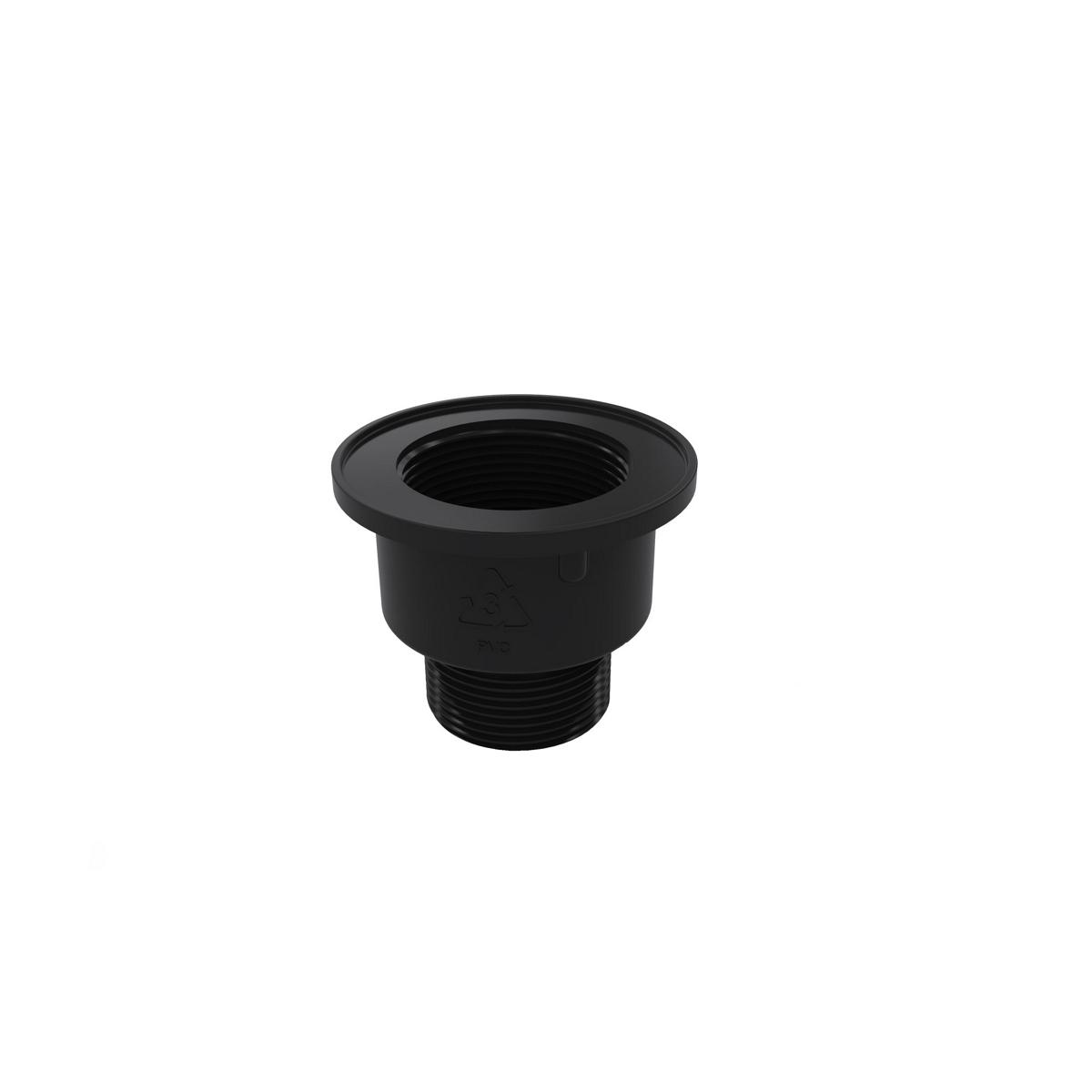 Black plastic drain adapter with threaded male connection and smooth rim flange.