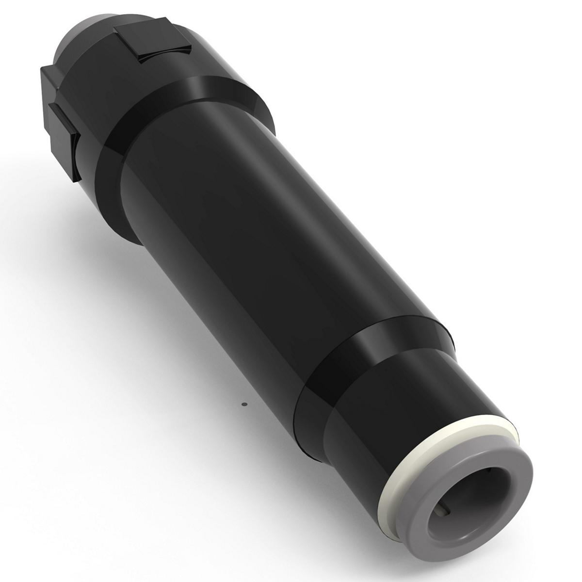 Black cylindrical inline strainer with white end cap and mounting bracket for water filtration systems.