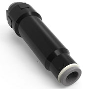Black cylindrical inline strainer with white end cap and mounting bracket for water filtration systems.