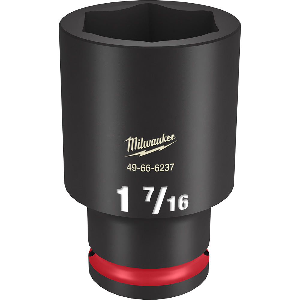 Black deep socket with 1/2" drive and 6-point hex opening, marked 1 7/16" with red band at base.