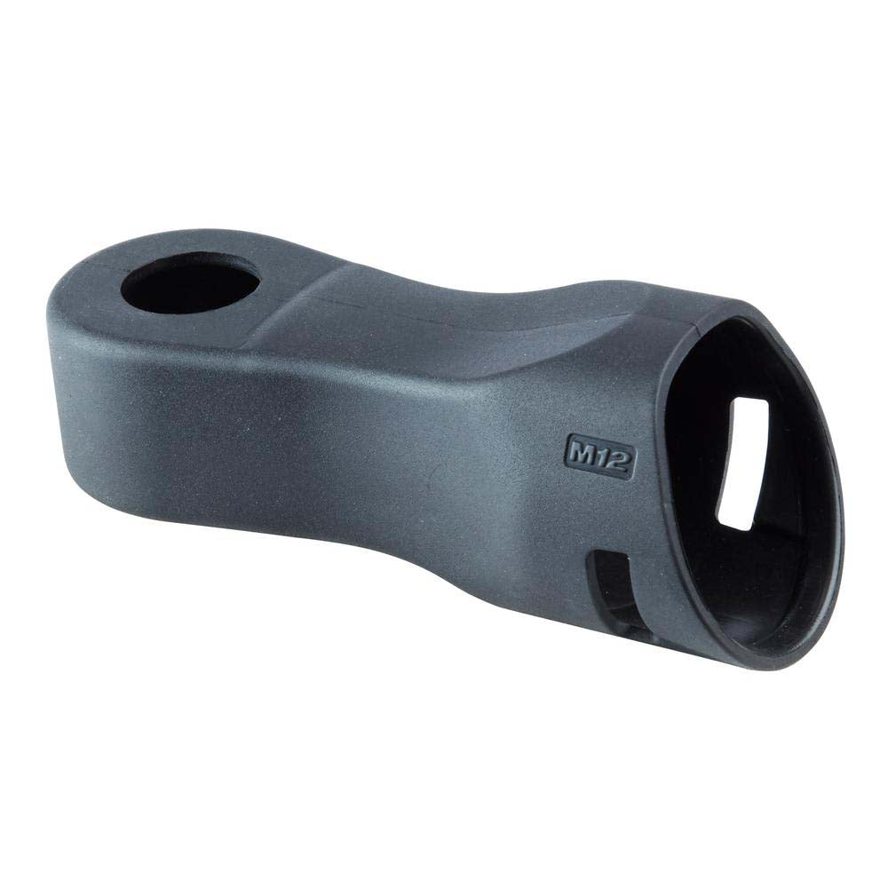 Gray rubber protective boot for M12 ratchet with circular opening on end and mounting hole.