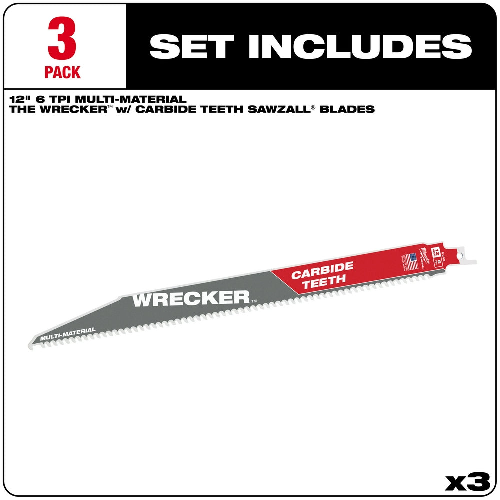 Three 12-inch SAWZALL blades with gray and red bodies labeled "WRECKER" and "CARBIDE TEETH" with serrated cutting edges.