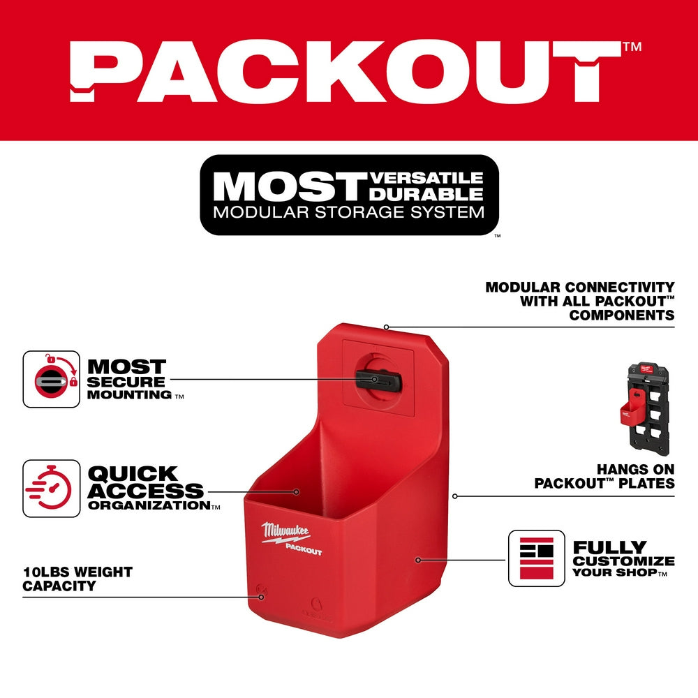 Red Milwaukee PACKOUT organizer cup with mounting bracket and product feature callouts on white background.
