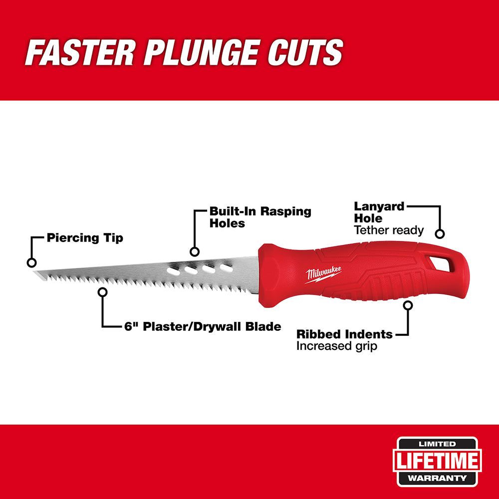 Red-handled jab saw with 6" serrated blade, piercing tip, built-in rasping holes, and ribbed grip indents.