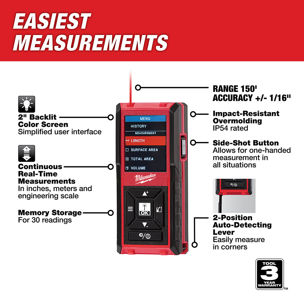 Milwaukee red and black laser distance meter with 2-inch backlit color screen and side-shot button.