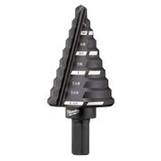 Black Milwaukee step drill bit with conical shape showing size increments from 1/4 inch to 1-3/8 inch marked on stepped edges