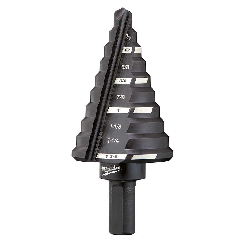Black Milwaukee step drill bit with conical shape showing size increments from 1/4 inch to 1-3/8 inch marked on stepped edges