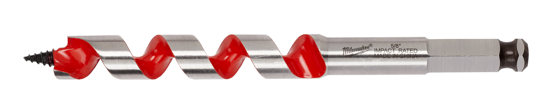 Milwaukee 5/8 inch by 6 inch ship auger bit with red flutes and black point on gray shaft.