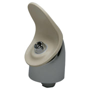 Beige and gray water bubbler fountain top with curved basin and chrome drinking spout.