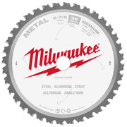 Milwaukee 6-7/8 inch metal cutting circular saw blade with 36 teeth, gray and white face with red Milwaukee logo.