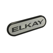 Elkay nameplate with black border and gray background displaying brand name in dark lettering.