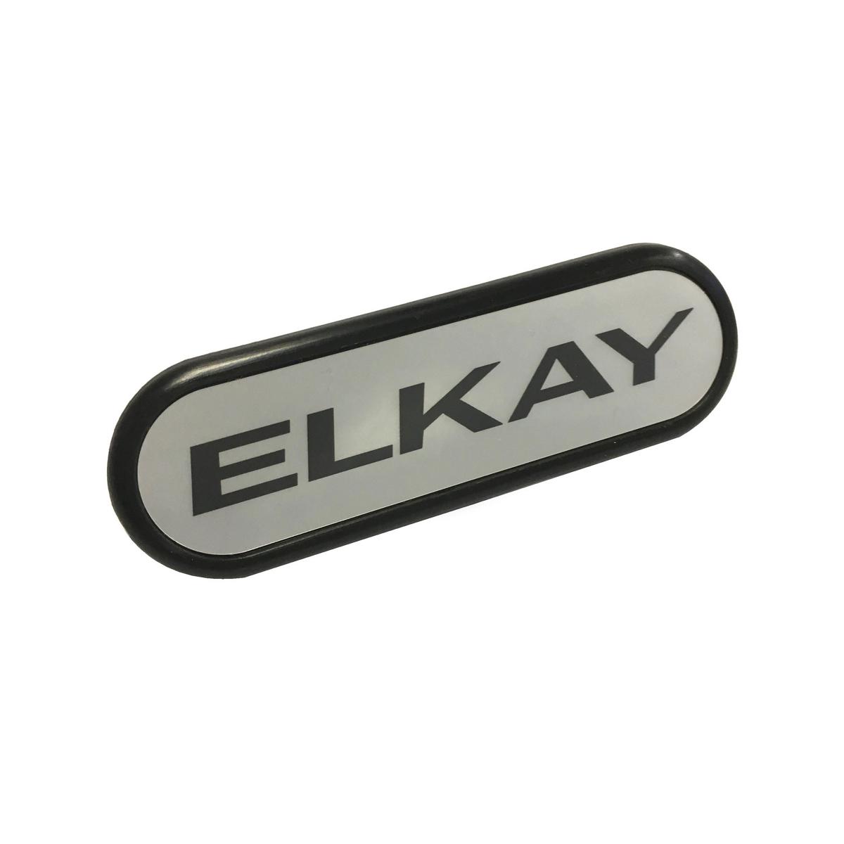 Elkay nameplate with black border and gray background displaying brand name in dark lettering.
