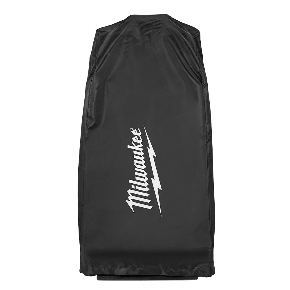 Black Milwaukee mower cover with white logo and angled stripe design on front.