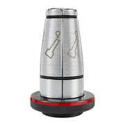 Silver metal expander head with ribbed upper section, black bands, and red-striped base with textured grip surface.