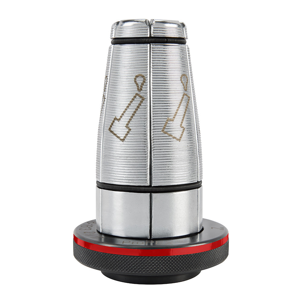 Silver metal expander head with ribbed upper section, black bands, and red-striped base with textured grip surface.