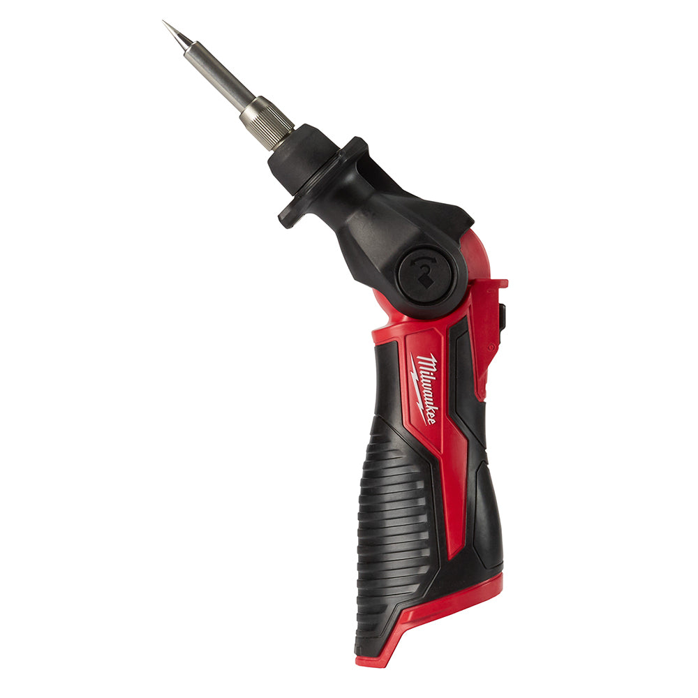Milwaukee M12 soldering iron with red and black handle, metal tip, and trigger grip.