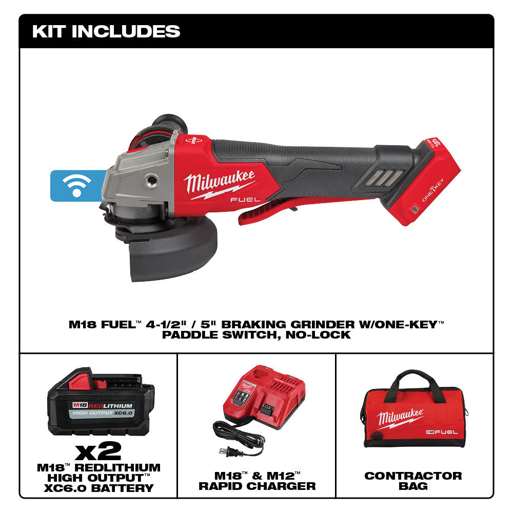 Milwaukee M18 FUEL 4-1/2" braking grinder in red and black with paddle switch, shown with two batteries, charger, and contrac