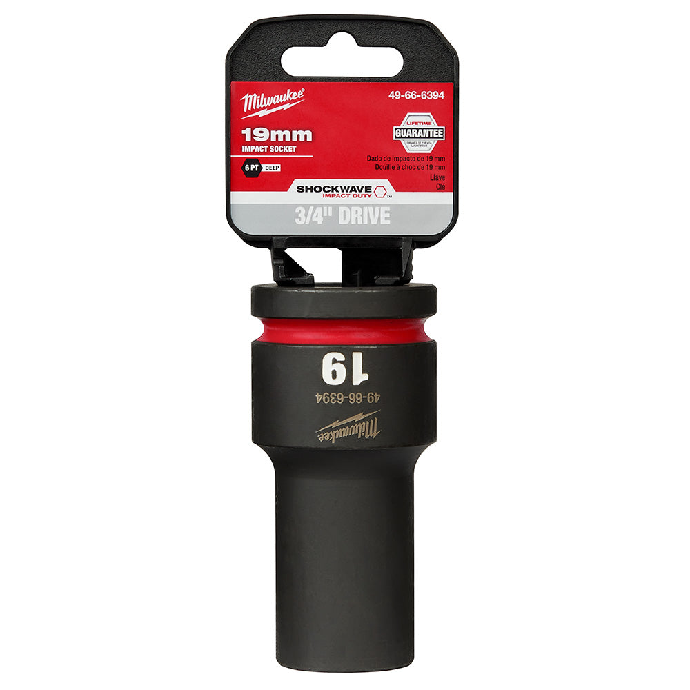 Black Milwaukee 19mm deep socket with 3/4" drive, red band, attached packaging card labeled Shockwave Impact Duty.