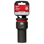 Black Milwaukee 19mm deep socket with 3/4" drive, red band, attached packaging card labeled Shockwave Impact Duty.