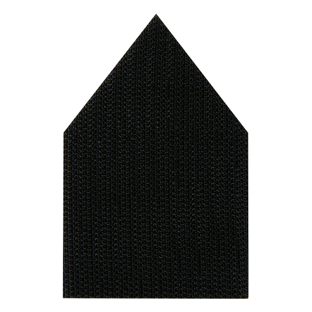 Black sponge interface pad with textured surface and pentagonal shape for orbital detail sander attachment.