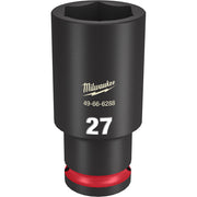 Black deep socket with hexagonal opening, marked "27" and Milwaukee logo, red grip band at base.