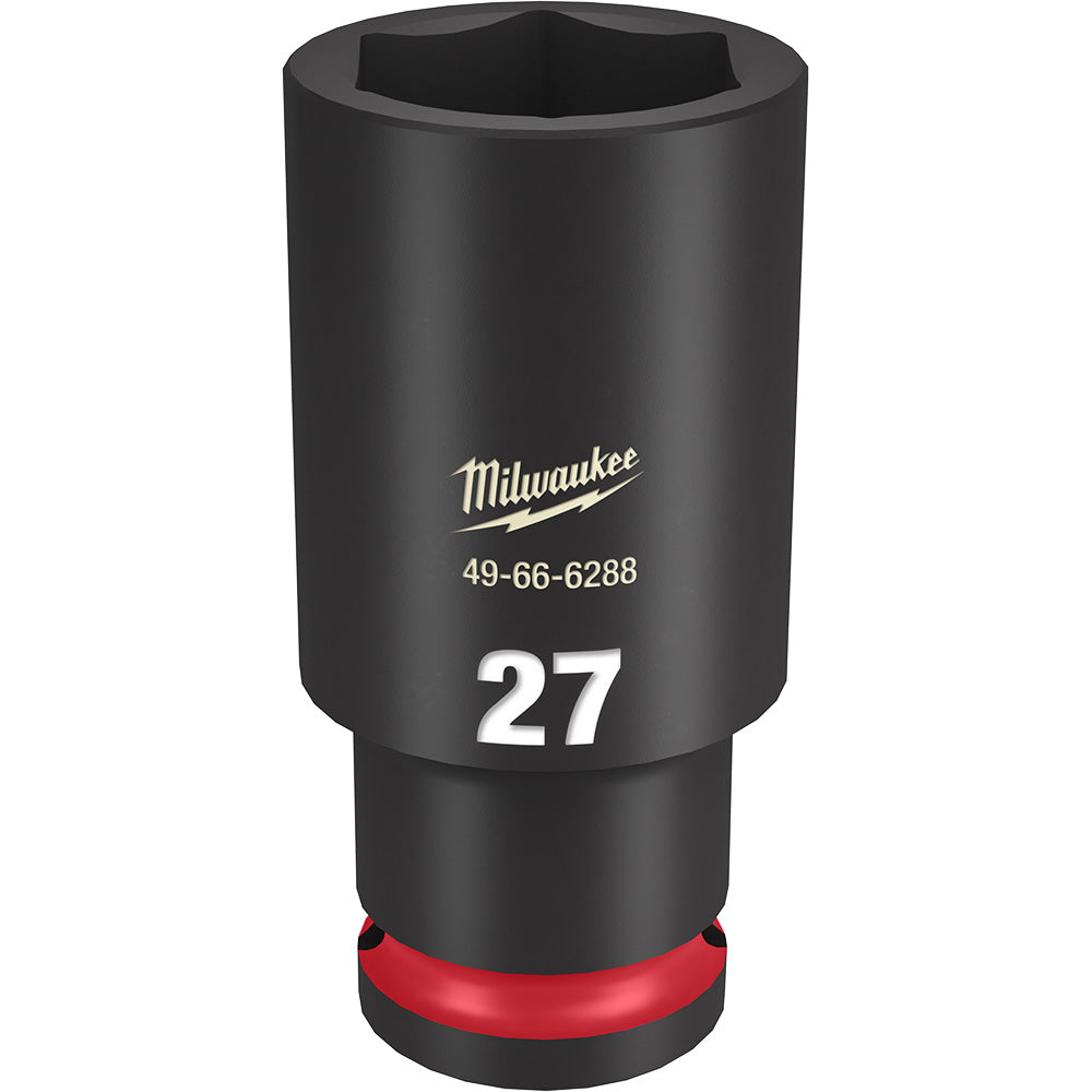 Black deep socket with hexagonal opening, marked "27" and Milwaukee logo, red grip band at base.