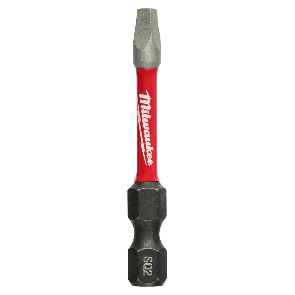Milwaukee Shockwave power bit with square recess #2 head, red shaft, and black hex end on white background.
