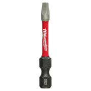 Milwaukee Shockwave power bit with square recess #2 head, red shaft, and black hex end on white background.