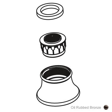 Oil rubbed bronze faucet aerator kit showing three components: ring, aerator insert with ridged grip, and cup-shaped base.