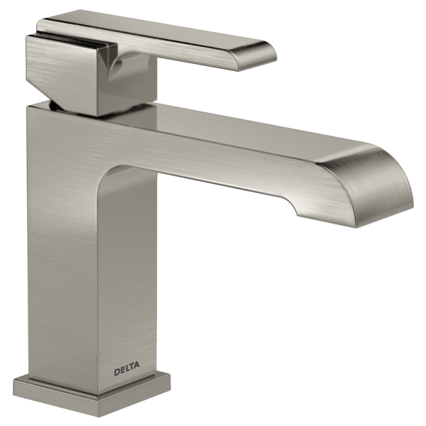 Brushed nickel single-handle bathroom faucet with squared base and curved spout.