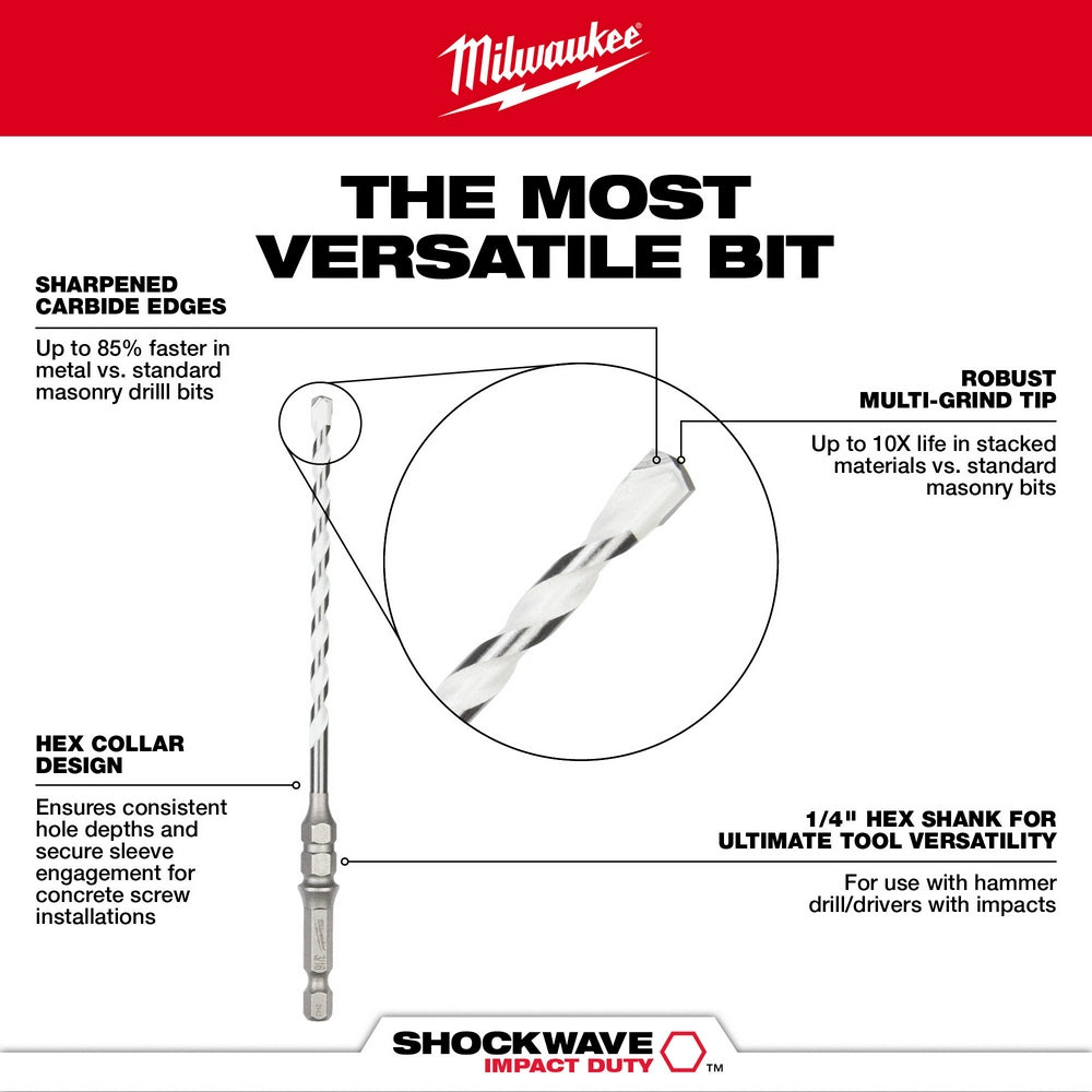 Milwaukee Shockwave 5/32" x 6" carbide drill bit with hex shank and multi-grind tip displayed on technical diagram.