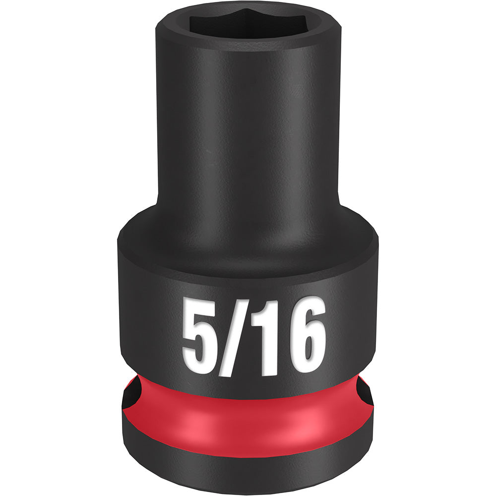 Black impact socket with red band and hexagonal opening marked "5/16" for 3/8" drive.