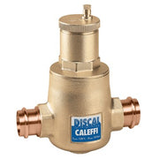 Brass air separator with copper press fittings on sides, vent valve on top, and blue Discal Caleffi label.