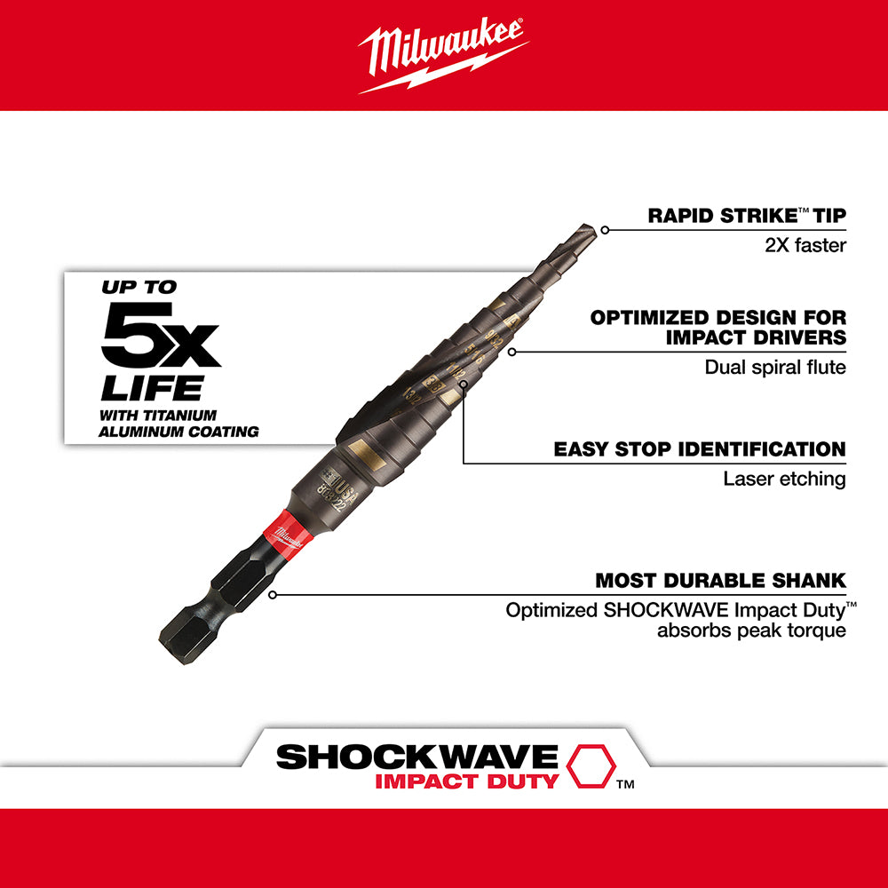 Milwaukee Shockwave Impact Duty step bit with black and gold finish, dual spiral flute design, and red hex shank attachment.