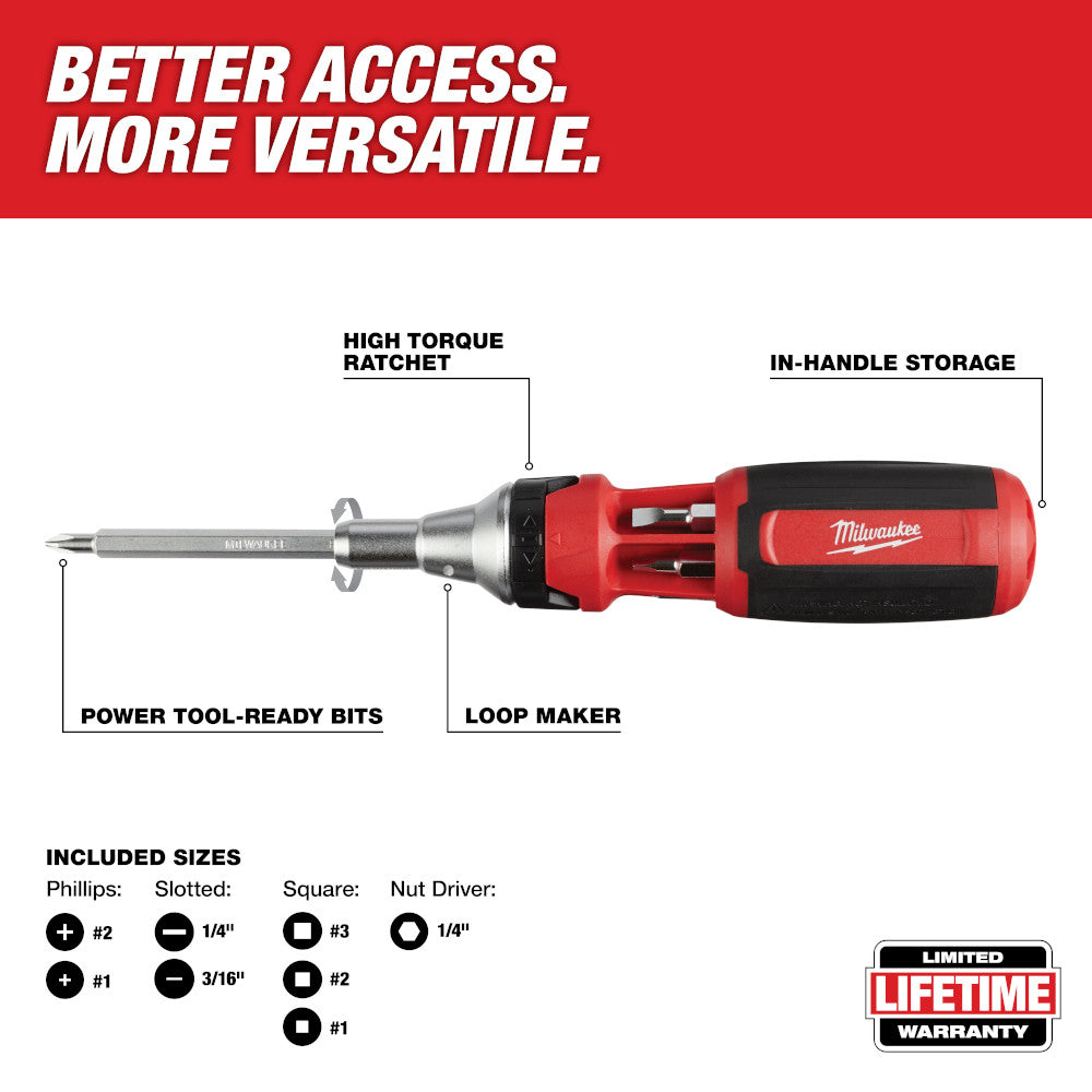 Red and black Milwaukee ratcheting multi-bit driver with high torque ratchet, loop maker, and nine included screwdriver bits.