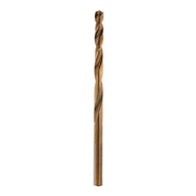 Metallic twist drill bit with pointed tip and spiral flutes along the shaft.