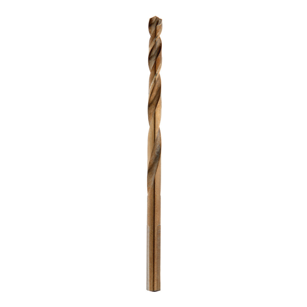 Metallic twist drill bit with pointed tip and spiral flutes along the shaft.