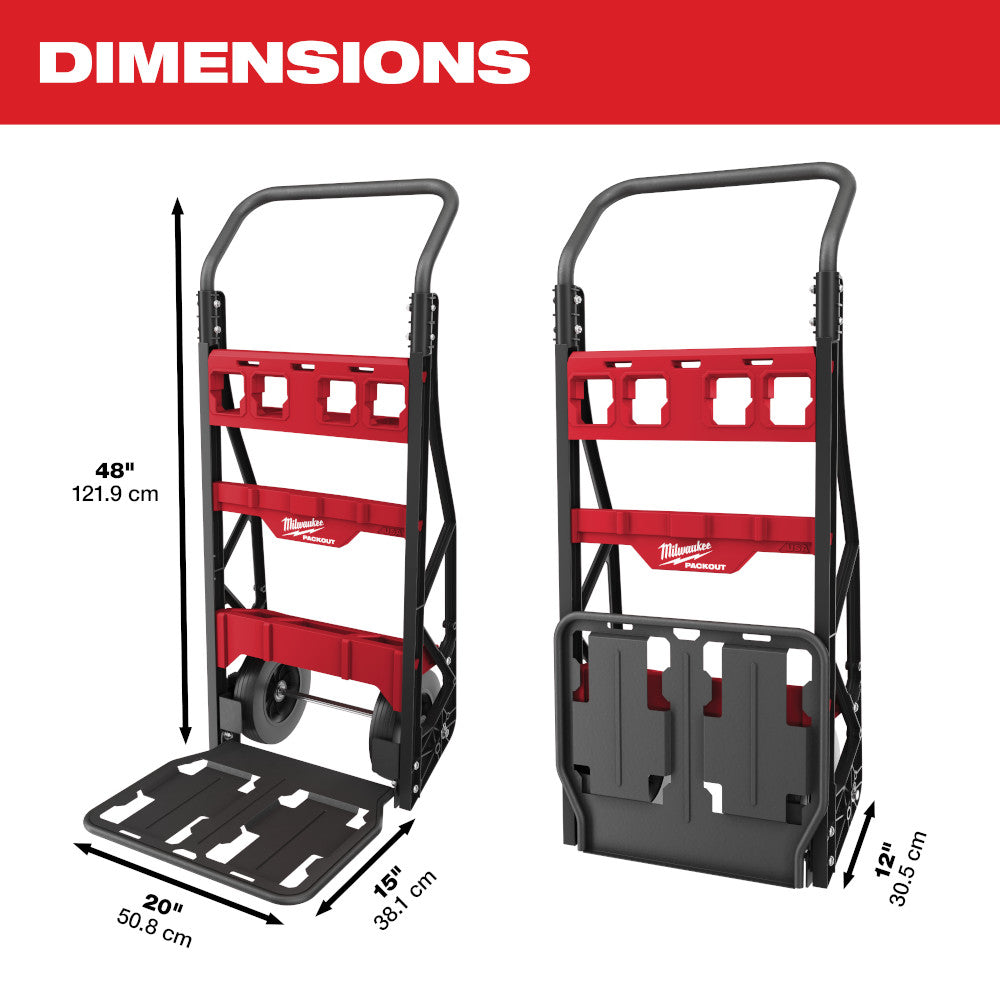 Red and black 2-wheel cart with multiple storage shelves and tool slots, 48 inches tall.