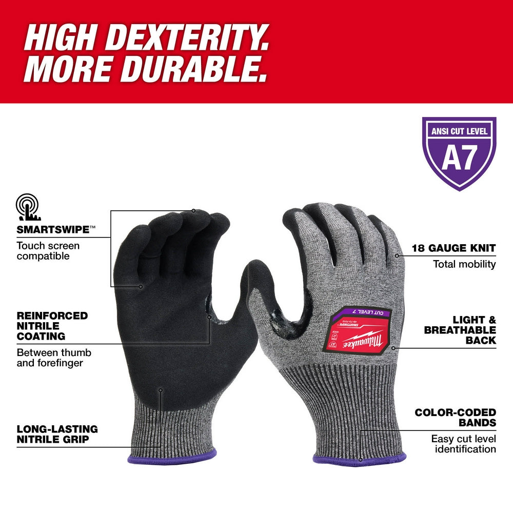 Gray and black nitrile-dipped work gloves with purple cuff band and touch screen compatible fingertips.