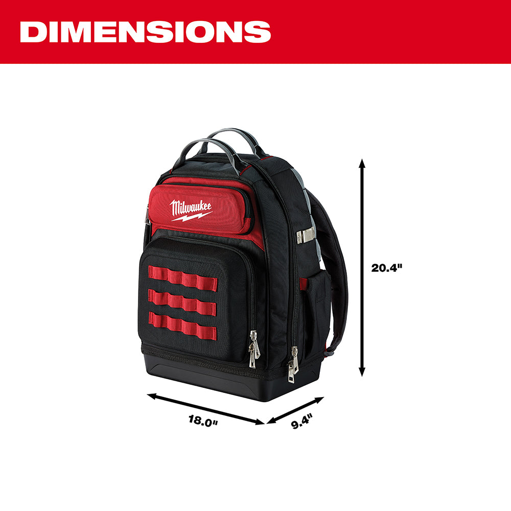 Red and black Milwaukee backpack with padded straps, front tool organizer, and dimensions of 20.4" height by 18.0" width by 9
