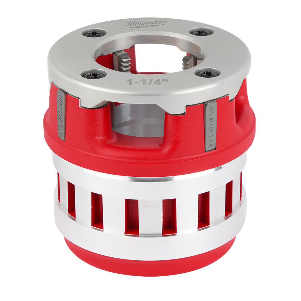 Milwaukee 1-1/4" NPT forged aluminum die head with red and silver cylindrical body and four mounting holes.