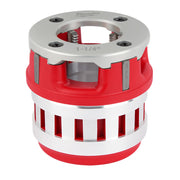 Milwaukee 1-1/4" NPT forged aluminum die head with red and silver cylindrical body and four mounting holes.