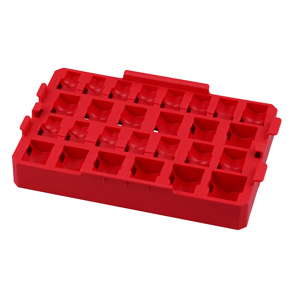 Red plastic storage tray with 27 compartments for organizing sockets and small tools.