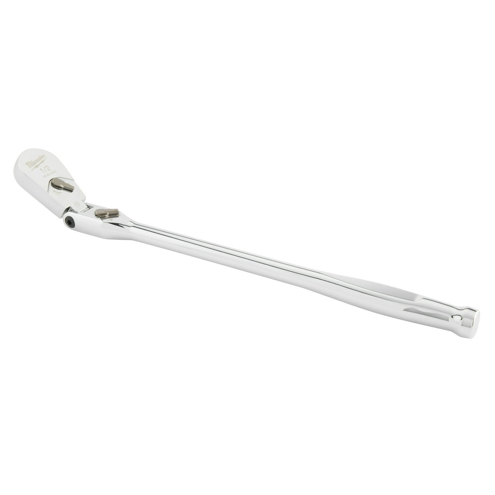 Milwaukee 1/2" drive flex head ratchet with articulating joint near the chrome socket end and long shaft.