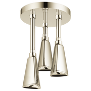 Polished nickel ceiling-mounted shower head with three pendant nozzles suspended from round trim ring.