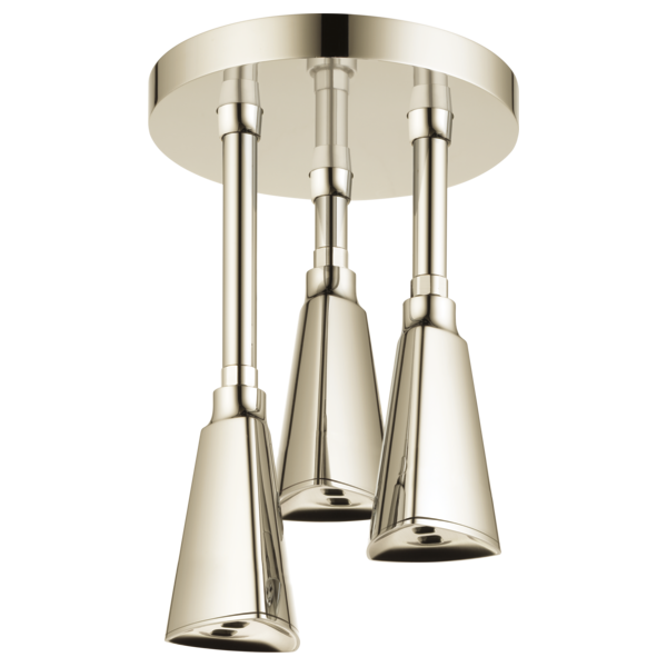 Polished nickel ceiling-mounted shower head with three pendant nozzles suspended from round trim ring.