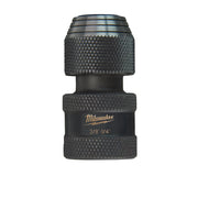 Milwaukee Shockwave hex adapter with knurled grip, marked 3/8"-1/4" for socket and bit conversion.