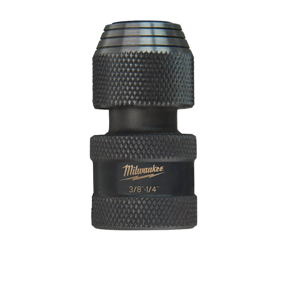 Milwaukee Shockwave hex adapter with knurled grip, marked 3/8"-1/4" for socket and bit conversion.